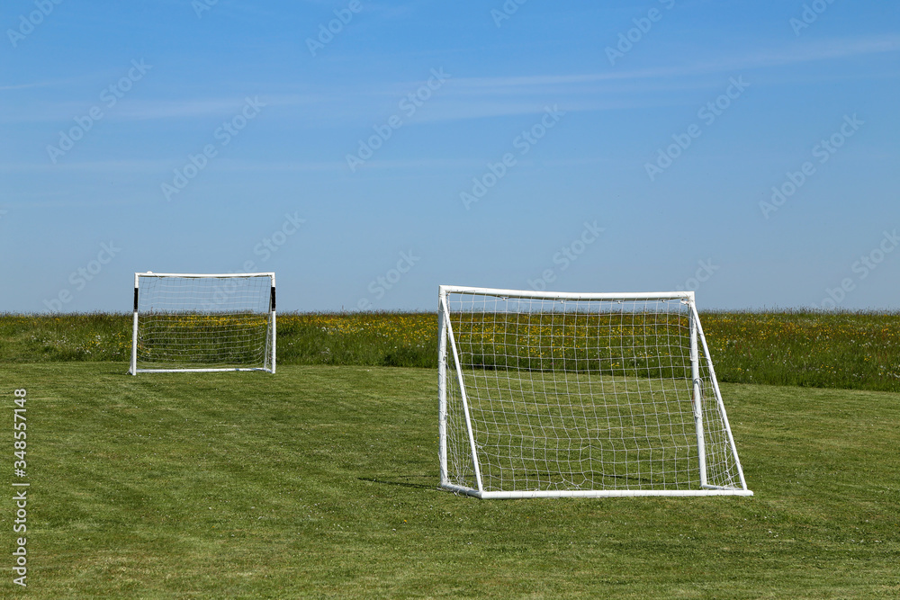 Fototapeta premium Football goal stand on a green lawn