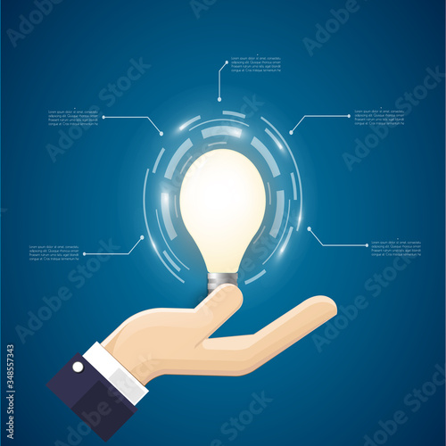 Lightbulb in hand businessman on blue background. idea and insight concept. Flat design. Vector illustration