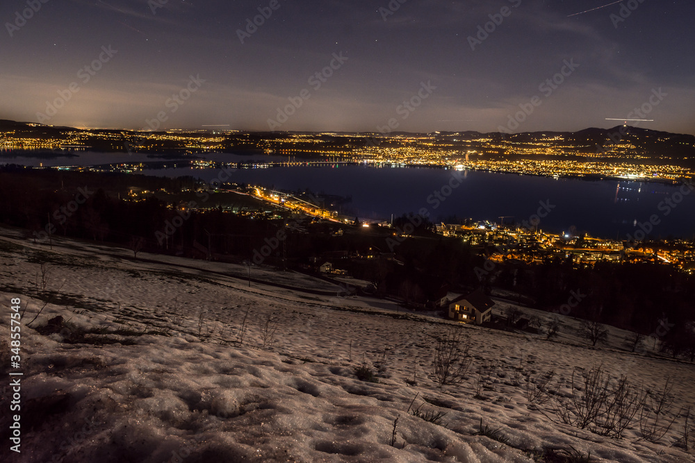 stunning panoramic night photography lake zurich from altendorf winter night