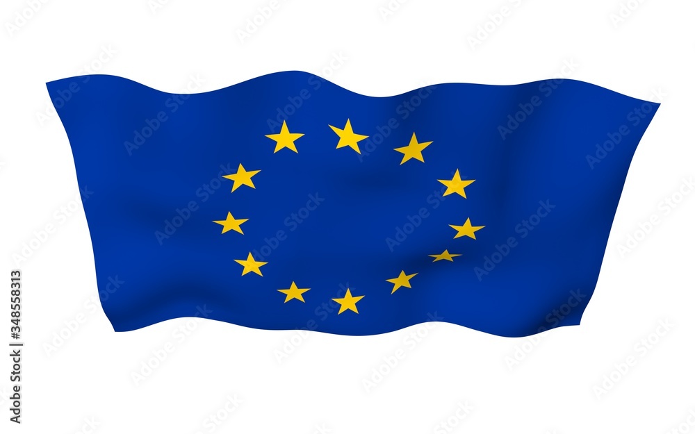 Slightly waving flag of the European Union isolated on white background, 3D rendering. Symbol of Europe. 3D illustration Slightly waving flag of the European Union isolated on white background, 3D rendering. Symbol of Europe. 3D illustration