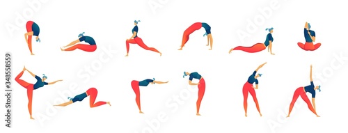Billede på lærred Stretching exercises people set of isolated vector illustration, man and woman on chair workout and fitness