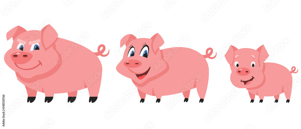 Pig family in cartoon style. Farm animals of different sex and age.