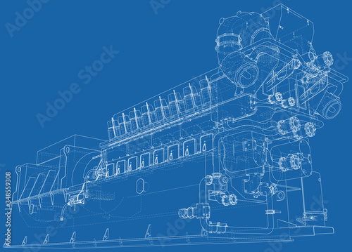 Standby diesel generator. Wire-frame line isolated on white. Vector rendering of 3d.