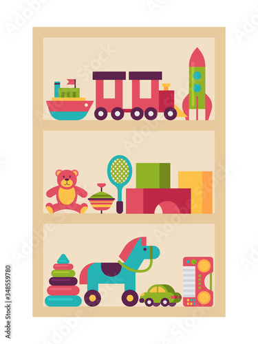 Wardrobe children toy, plaything shelf isolated on white flat vector illustration. Set baby things horse, teddy bear color cube rocket train car and kid boat. Armoire store child plaything.