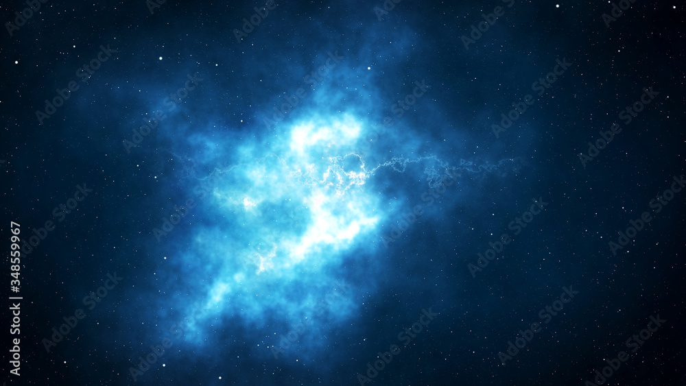 Blue glowing plasma lightning in deep space galaxy universe concept with particles flare star dust abstract background.