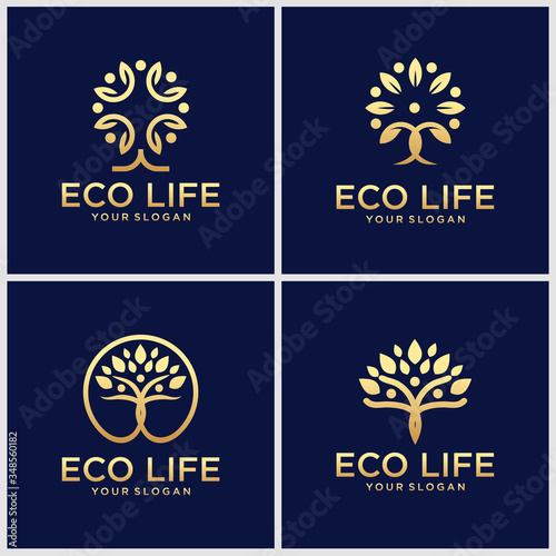 set of creative golden people Tree Vector Logo Design Inspiration.