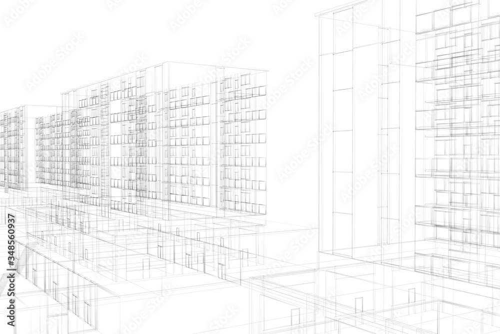 Mega city, wireframe technique, original 3d rendering