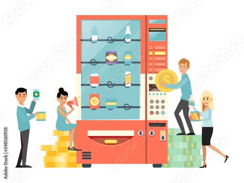 Tiny male female character person use vending machine, people hold stack money cash gold coin and dollar isolated on white, flat vector illustration. Concept fast food automatic machine.