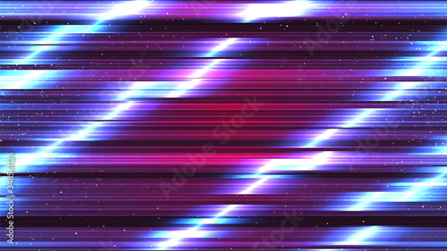 Retrowave background. Cyberpunk Neon Glitch wallpaper. Retro futuristic 80s style. Blue distorted laser lines. Pink glowing center. Dark starry sky. Cyberspace vector illustration. Old TV effect