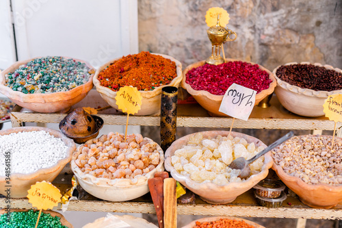 Spices, nuts and other food for sale at a market in the old city Jerusalem, Israel