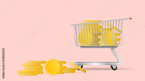 The cart from the supermarket is filled with gold coins. Shopping trolley, gold coins, money. The concept of cashback and savings on purchases. Isolated. Vector.