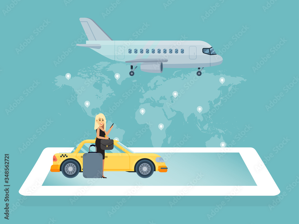 Airport taxi car, character female go international terminal, woman passenger order cab concept flat vector illustration. Aircraft travel world map, online aviation ticket, trip different country.