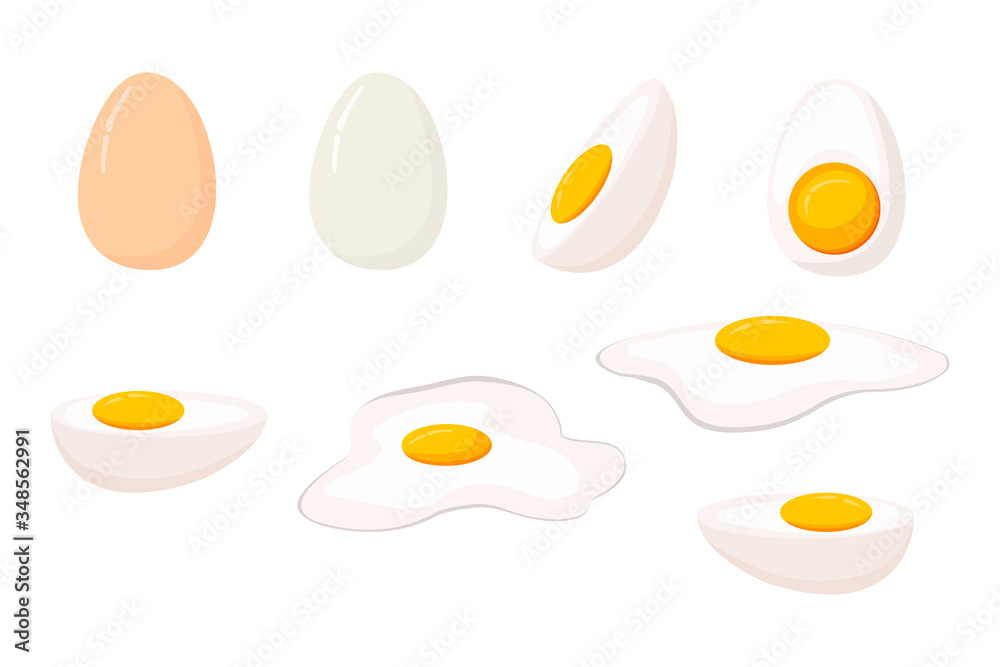 Cartoon egg isolated on white background. Set of fried, boiled, half, sliced eggs. Vector illustration. Eggs in various forms. Cartoon egg isolated on white background. Set of fried, boiled, half, sliced eggs. Vector illustration. Eggs in various forms.