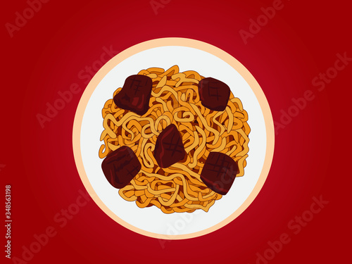 Korean instant food. Ram-Don or Chapaguri noodles with beef steak in a plate. Japaguri is a popular South Korean dish with ramen and udon noodles, as well as beef steak. Vector illustration.