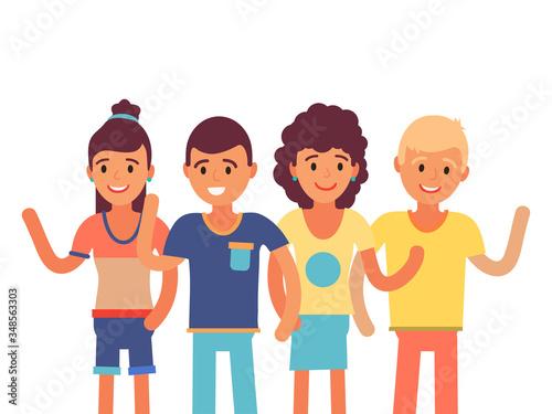 Group cheerfully westerner people character isolated on white waving hand, flat vector illustration. European female male friend salute arm, young teenager smile enjoy together meeting.