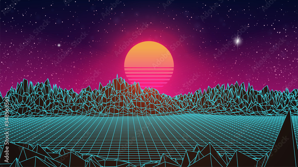 Retrowave Sunset background. 3d computer landscape. Retro future 80s style  mountains. Sun in dark starry sky. Vintage perspective grid. Pink horizon  glow. Space technology print. Sci-fi movie style Stock Vector | Adobe