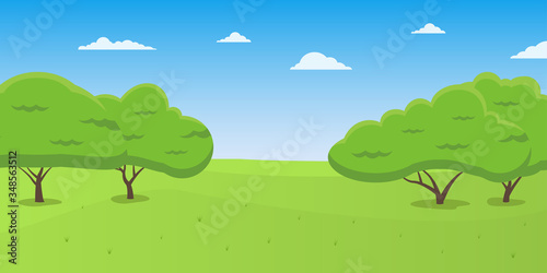 Nature landscape. Cartoon park background with green grass  trees and blue sky. Vector illustration.
