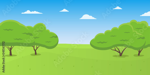 Nature landscape. Cartoon park background with green grass, trees and blue sky. Vector illustration.