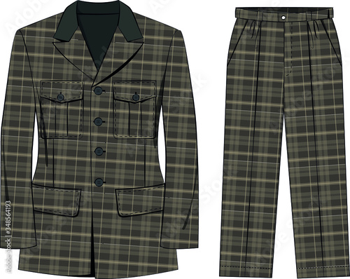 technical sketch of women's check blazer and trousers