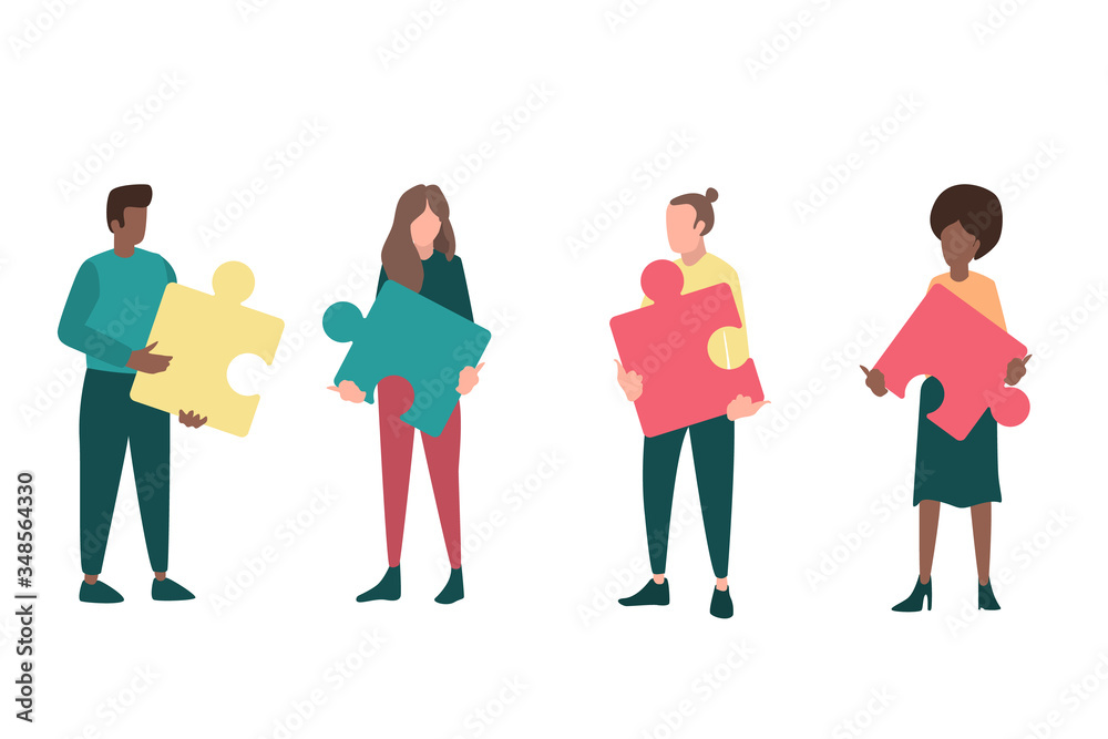 Team metaphor. people connecting puzzle elements. Vector illustration flat design style. Symbol of teamwork, cooperation, partnership. Team metaphor. people connecting puzzle elements. Vector illustration flat design style. Symbol of teamwork, cooperation, partnership.