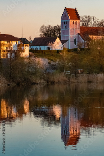 Beautiful sunset with reflections near Niederpöring, Isar, Bavaria, Germany