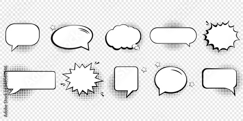 Retro empty comic speech bubbles set with black halftone shadows. 