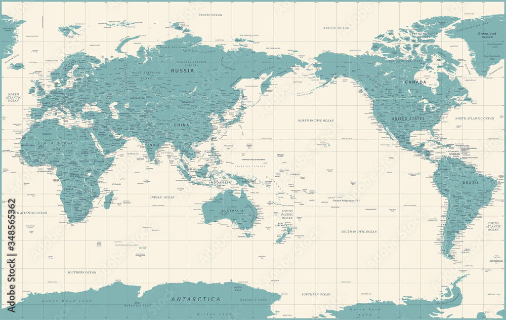 Fototapeta premium World Map - Pacific China Asia View - Vintage Political Topographic - Vector Detailed Illustration