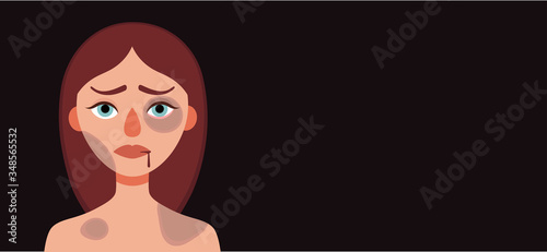 Sad woman with bruises and wounds on a dark background.Concept of domestic violence,sexual abuse in family,bullying,aggression on women.Banner for web site,social media.Vector cartoon illustration