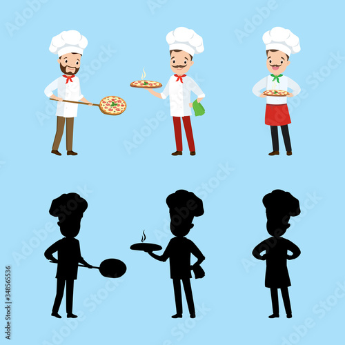 Cartoon set of pizza maker. Man chef. Collection of male characters and silhouettes.