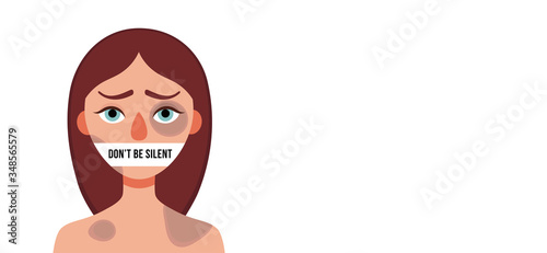 Sad woman with bruises wounds with closed mouth on white background.Concept of domestic violence, sexual abuse in family,bullying,silence,fear .Banner web site,social media.Vector cartoon illustration