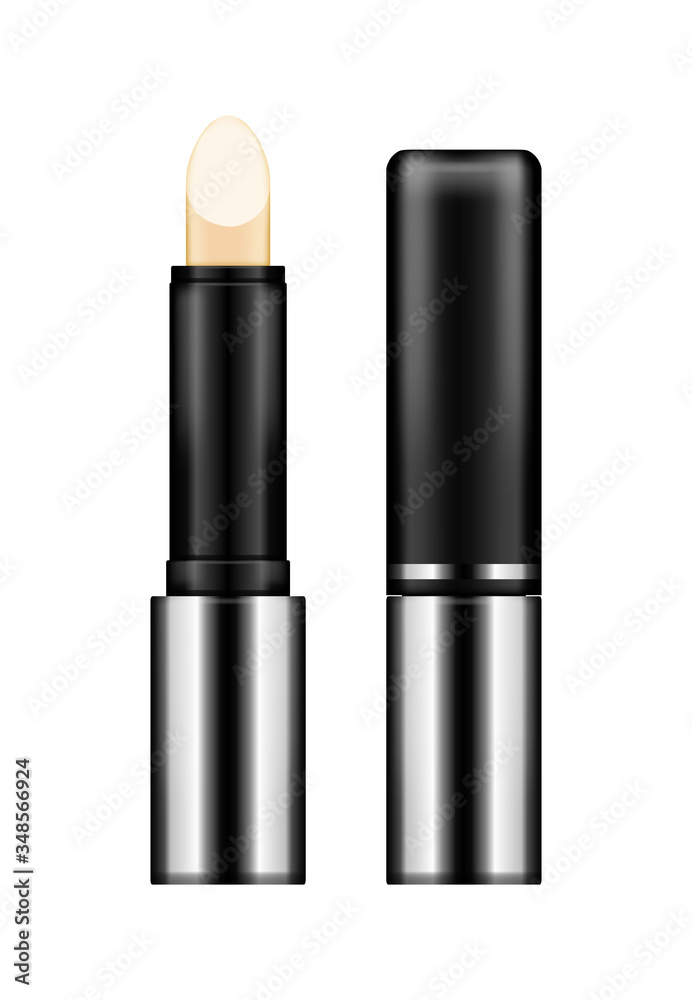 Realistic black glossy silver lipstick tube mockup isolated on white background with cap. Plastic package design. Blank cosmetic and skin care template. 3d vector illustration Realistic black glossy silver lipstick tube mockup isolated on white background with cap. Plastic package design. Blank cosmetic and skin care template. 3d vector illustration
