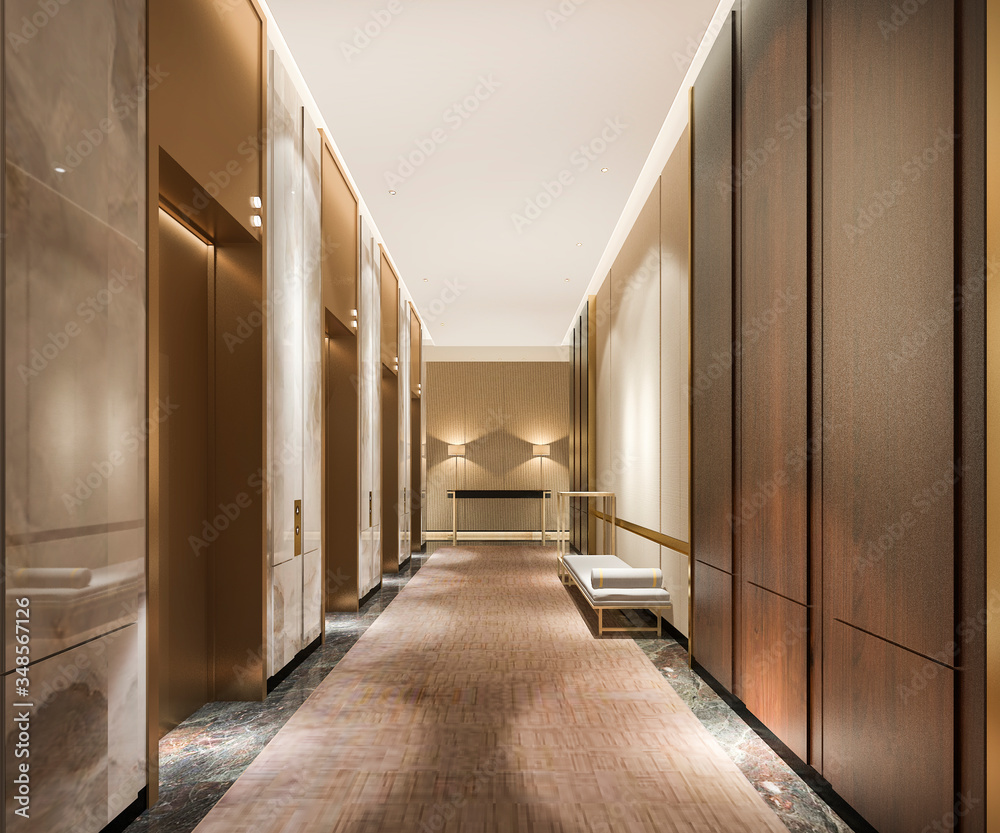 3d rendering modern steel elevator lift lobby in business hotel with luxury design near corridor - obrazy, fototapety, plakaty 
