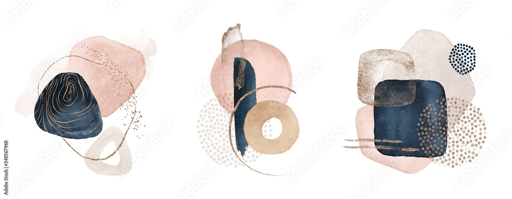 Arrangements. Navy blue, blush, pink, ivory, beige watercolor Illustration and gold elements, on white background. Abstract modern print set. Logo. Wall art. Poster. Business card.