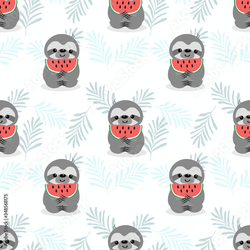lazy sloth and watermelon seamless pattern