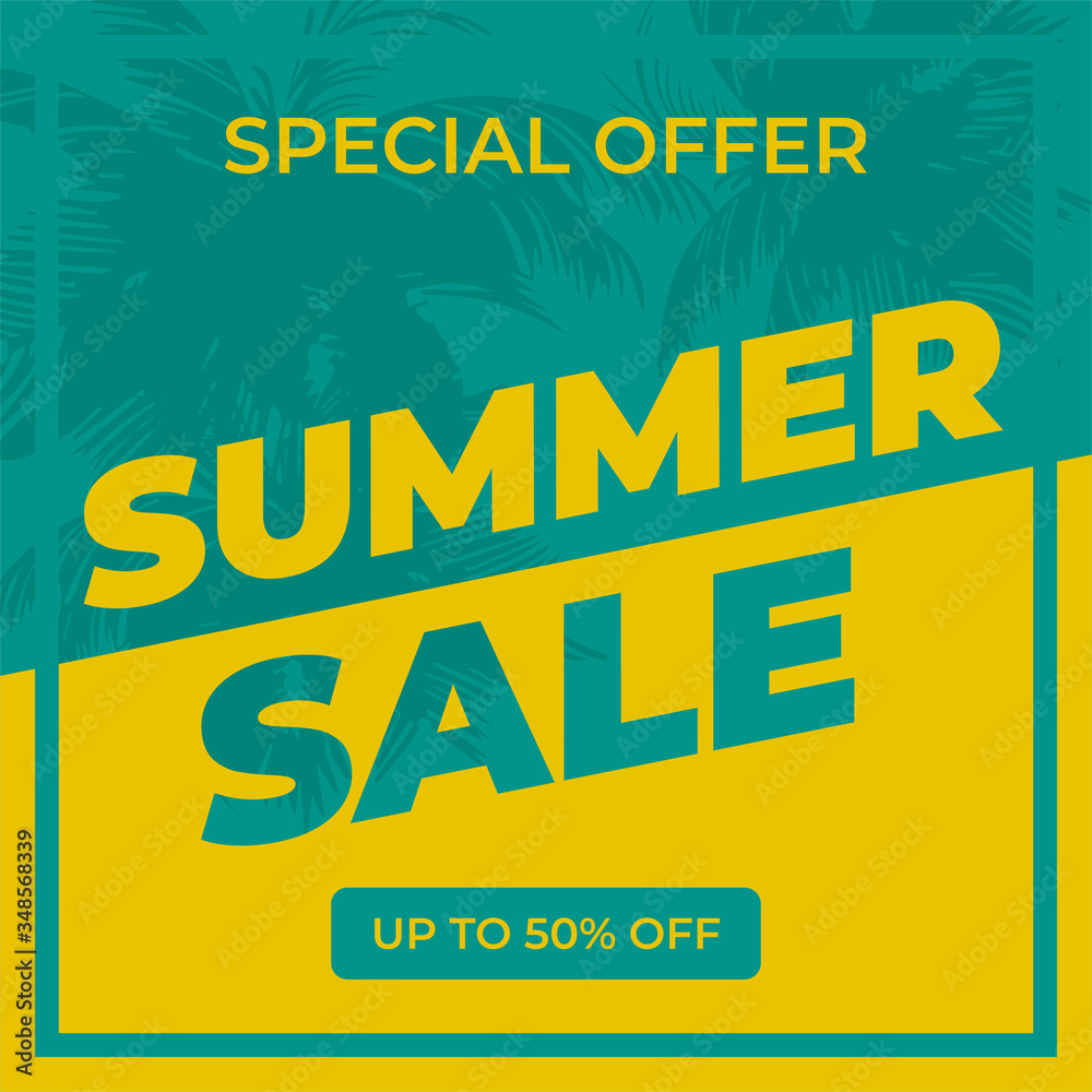 Summer Sale banner design template. green and yellow summer sale banner with palm tree. special offer, up to 50 off