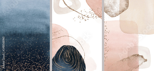 Navy, beige, blush, pink, ivory watercolor Illustration and gold elements, on...