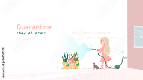 Girl quarantine watering plants  people activity cartoon character flat design  idea creative background vector illustration