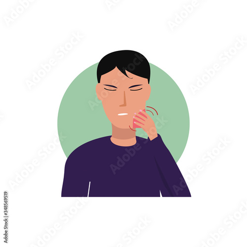 Guy suffers from toothache, developing inflammation, vector illustration for dentistry, journalistic materials, applications