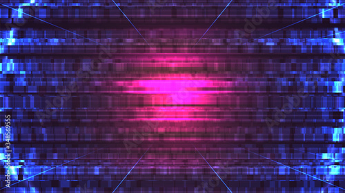 Cyberpunk glitch background. Digital signal distortion texture. Blue with pink glowing center. Futuristic wallpaper. Sci-fi technology concept. Cyber screen damage effect. Retro vector wallpaper