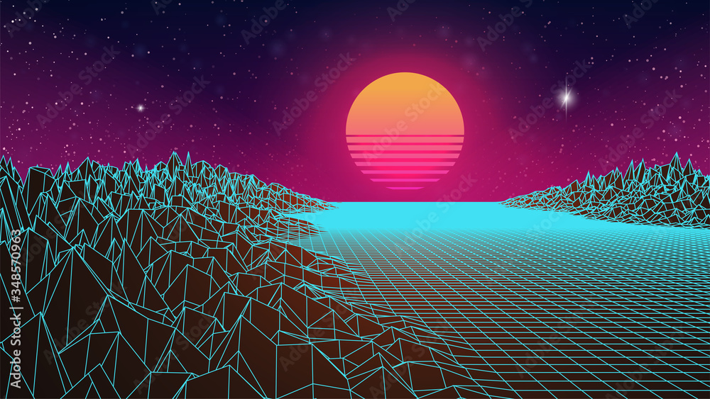 Retrowave sunset background. 80s retro futuristic landscape. Dark night  sky. Stars and sun. 3d wireframe valley. Blue perspective grid. Retrowave  wallpaper. Old movie or game poster. Cyberpunk style Stock Vector | Adobe