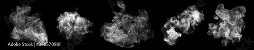 Smoke clouds, steam mist fog, realistic 3D isolated on black background. White foggy vapor smoke clouds from dust particles photo