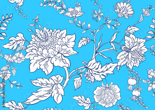 Seamless pattern with stylized ornamental flowers in retro, vintage style. Jacobin embroidery. Outline vector illustration on blue background.