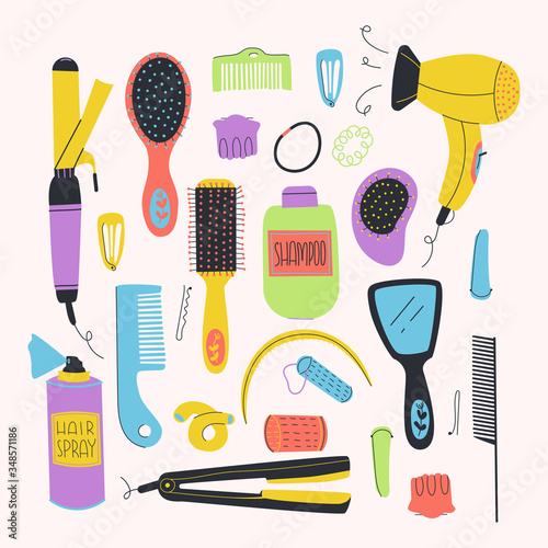 Set of hairing styling kit. Combs, hair dryer, Set of hairing styling kit. Combs, hair dryer, accessories, straightener and etc. Flat vector illustration.
