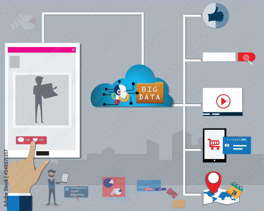 The marketers analysed customers data from like and share content on social application - vector The marketers analysed customers data from like and share content on social application - vector
