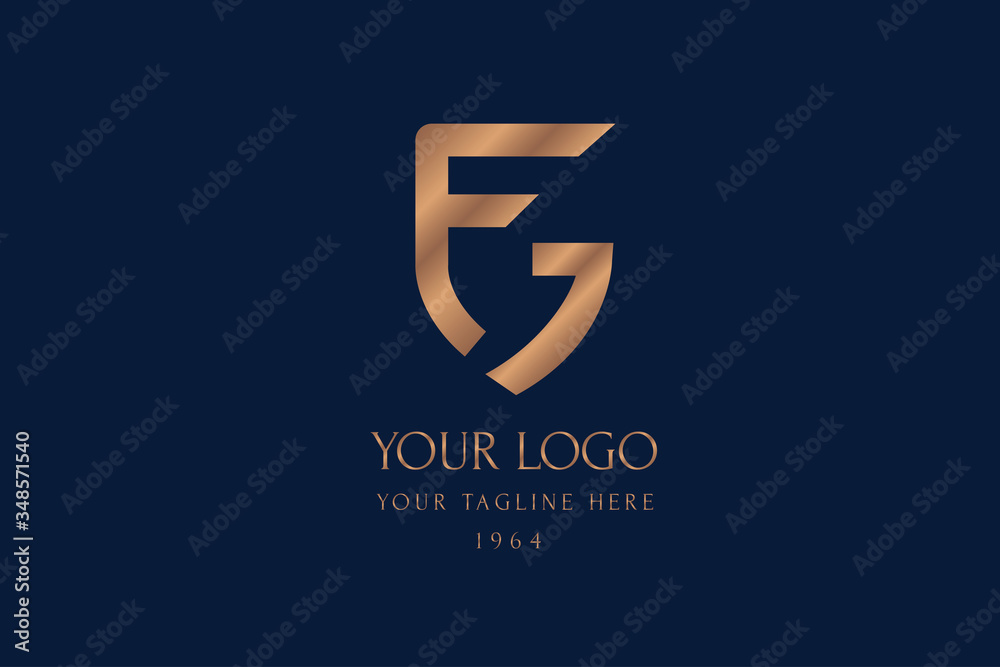 Monogram fg with the shape of the shield. Classic male logo F and G. Lettering logotype Monogram fg with the shape of the shield. Classic male logo F and G. Lettering logotype