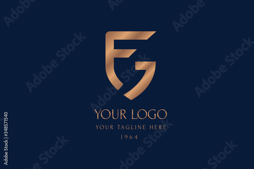 Monogram fg with the shape of the shield. Classic male logo F and G. Lettering logotype