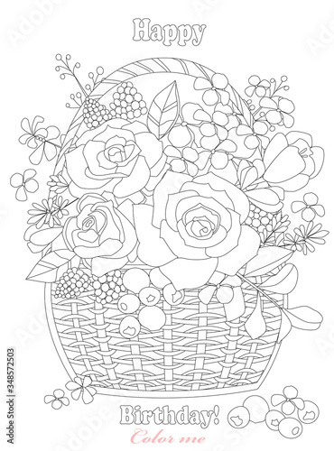 greeting card with basket full of beautiful flowers. bouquet ros