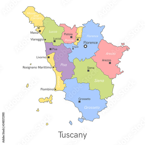 Vector illustration  administrative map of Tuscany with the names of cities and provinces.