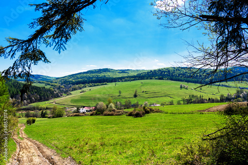 Fototapeta Naklejka Na Ścianę i Meble -  View of Beskid Niski mountain range from the nearby slopes. Beskid Niski is part of Carpathian mountains in Poland