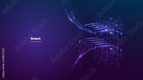 Abstract image of ethernet cables connected in network switches. Vector low poly wireframe looks like constellation. Internet connection, global network information technology concept in dark blue